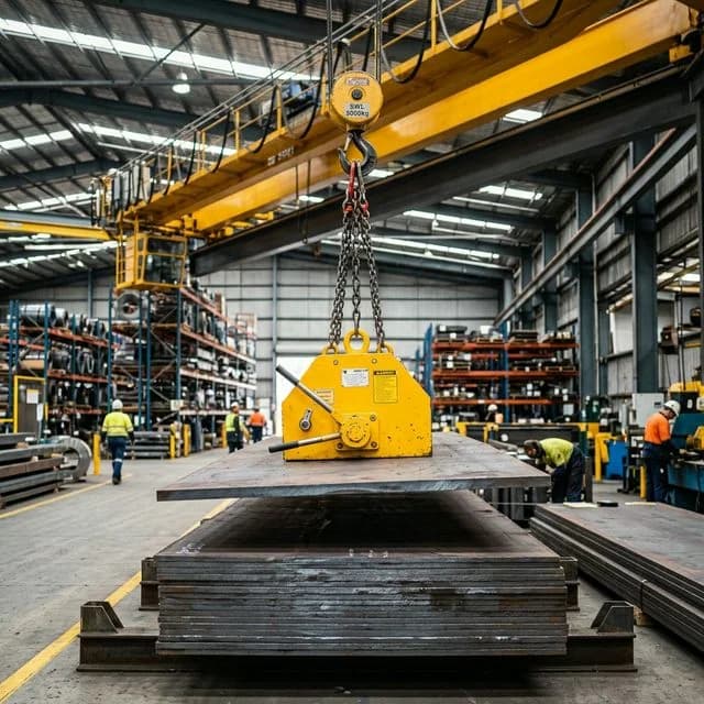 Steel plate transfer scene for 1-2 ton magnetic lifting decisions.