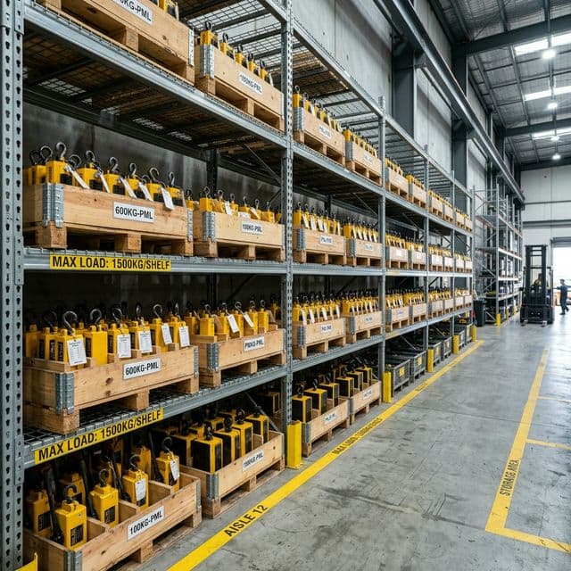 Warehouse storage for finished magnetic lifter products ready for export.